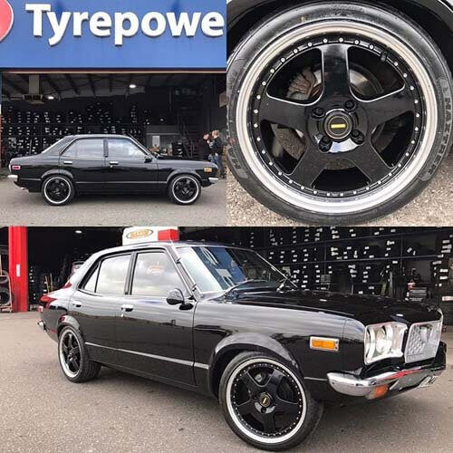 Mazda RX3 fitted with 17 inch FR1 Gloss Black Mirror Lip Simmons 